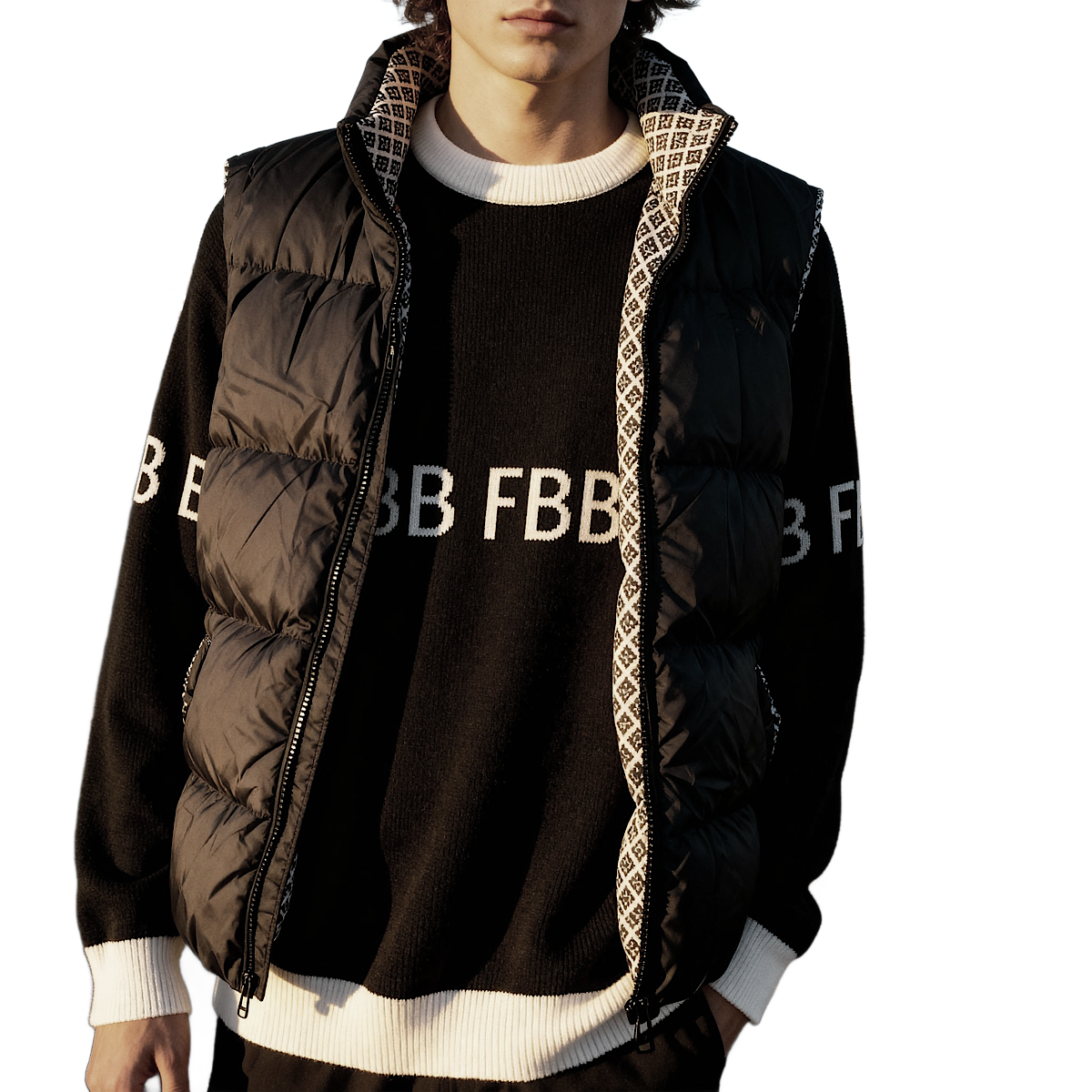 FBB Black & Blue Knitted Sweater front view – unisex jacquard cotton blend sweater
