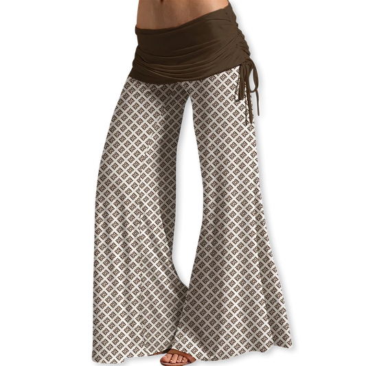 FBB Lynx Patterned wide-leg pants with a chocolate brown waist belt.