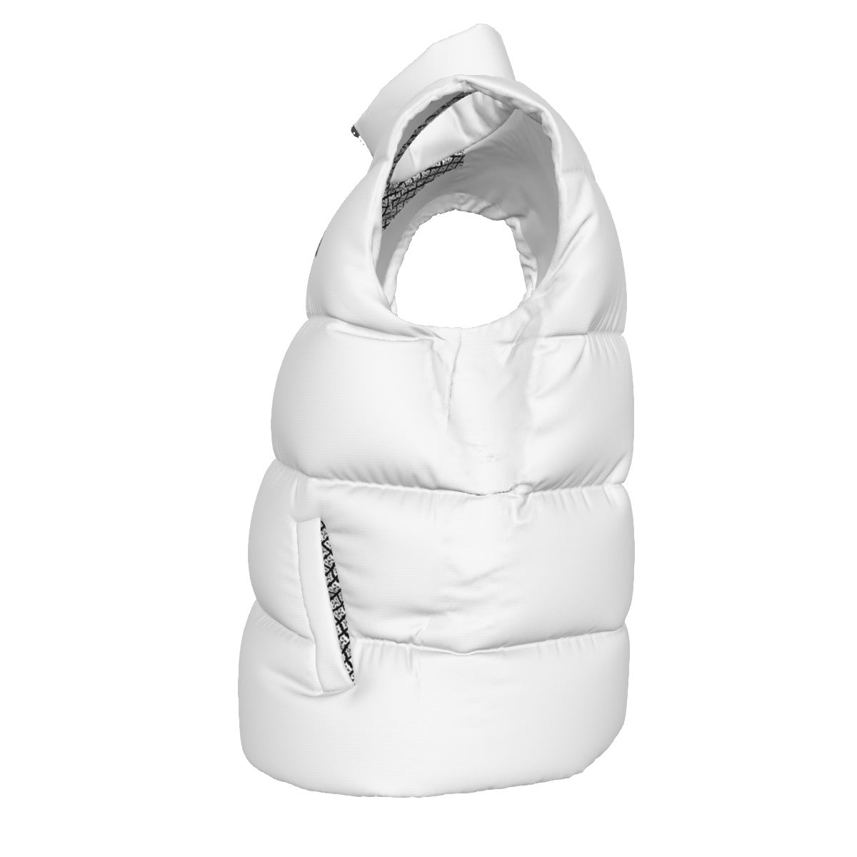 Side view of the White FBB Barrier puffer vest facing left, showing horizontal quilting and a pocket opening.