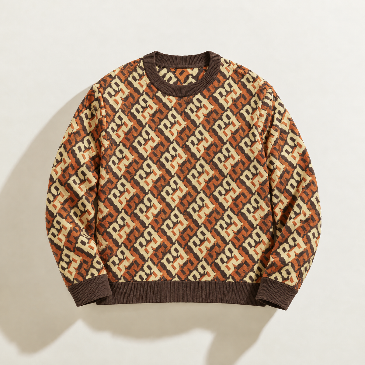 Front of FBB Coco Cream Breaker knit sweater with a cream and brown monogram pattern and dark brown ribbed trim.

