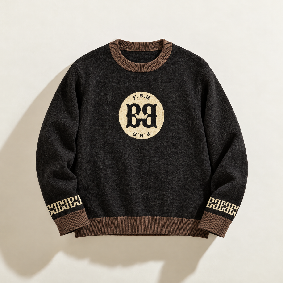 FBB Coco Cream knit sweater with brown ribbed trim, a cream circular chest logo and cream sleeve motifs.



