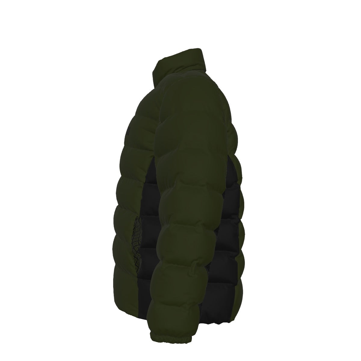 Opposite side view of the FBB Army Drab down puffer jacket showing its padded collar and elastic cuff.