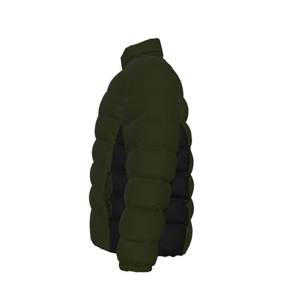 Opposite side view of the FBB Army Drab down puffer jacket showing its padded collar and elastic cuff.