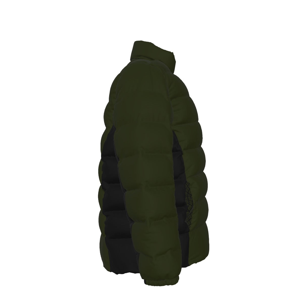 Side view of the FBB Army Drab down puffer jacket with quilted sleeves and contrasting black panel.