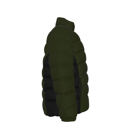 Side view of the FBB Army Drab down puffer jacket with quilted sleeves and contrasting black panel.