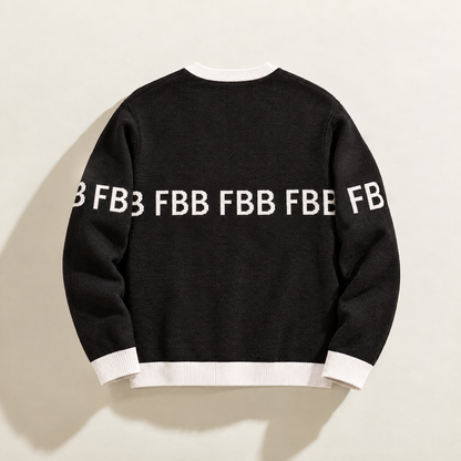Back of FBB Legacy Black knit sweater with white trim and repeating white FBB lettering across the back and sleeves.
