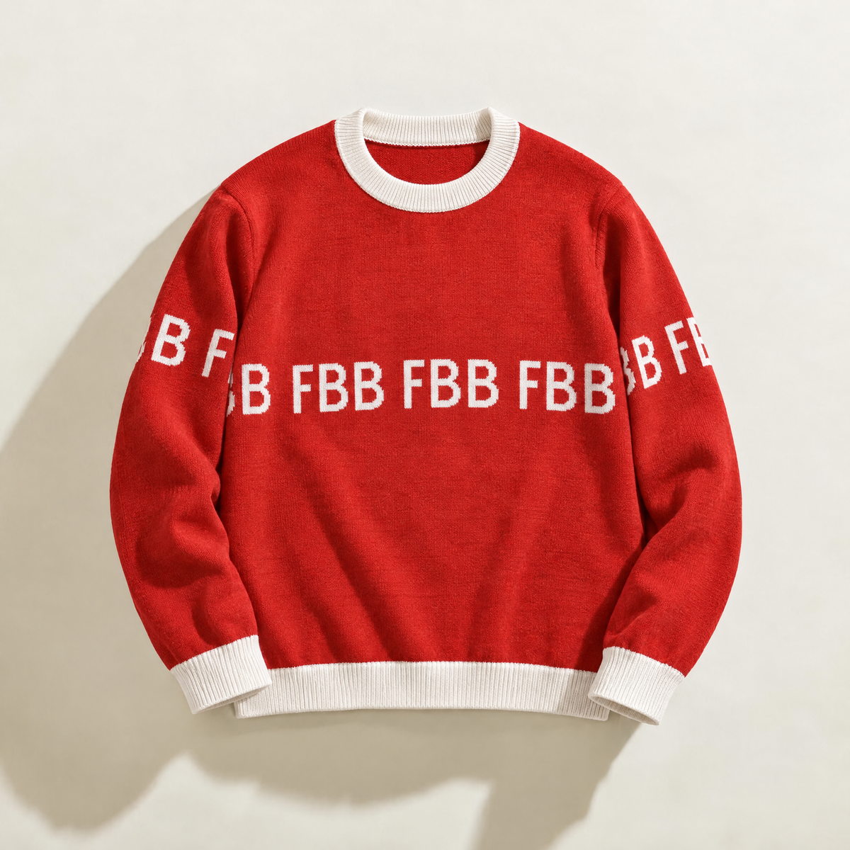 FBB Legacy Red knit sweater with white ribbed trim and repeating white FBB lettering across the chest and sleeves.


