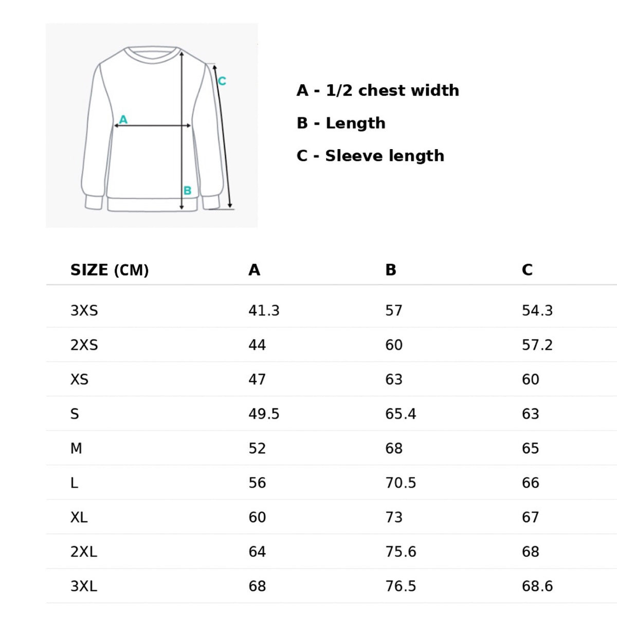 “FBB Signature Knit sweater size chart, sizes 3XS–3XL, showing chest width, body length and sleeve length in centimeters.”
