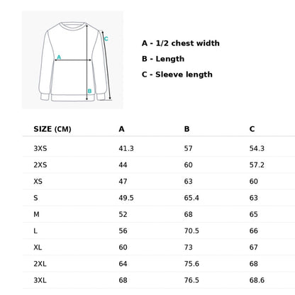 “FBB Signature Knit sweater size chart, sizes 3XS–3XL, showing chest width, body length and sleeve length in centimeters.”