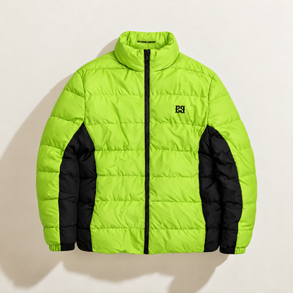Front view of the lime FBB puffer jacket with black side panels, a black zipper and chest monogram.