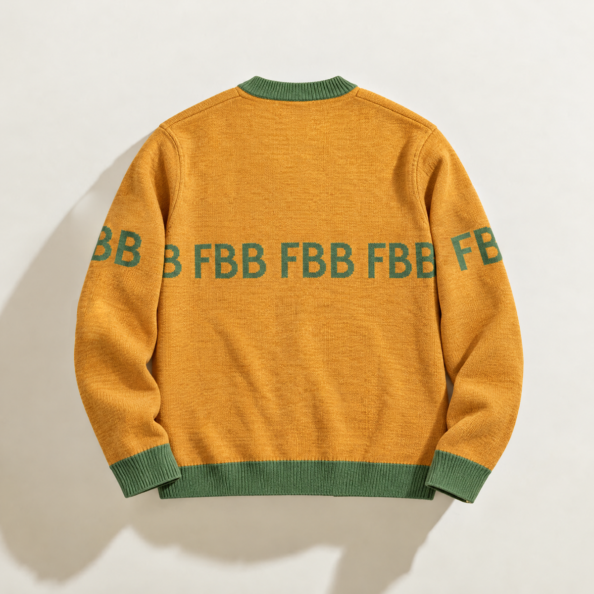 Back of FBB Löwenzahn Legacy mustard yellow knit sweater with green trim and green FBB lettering across the back and sleeves.
