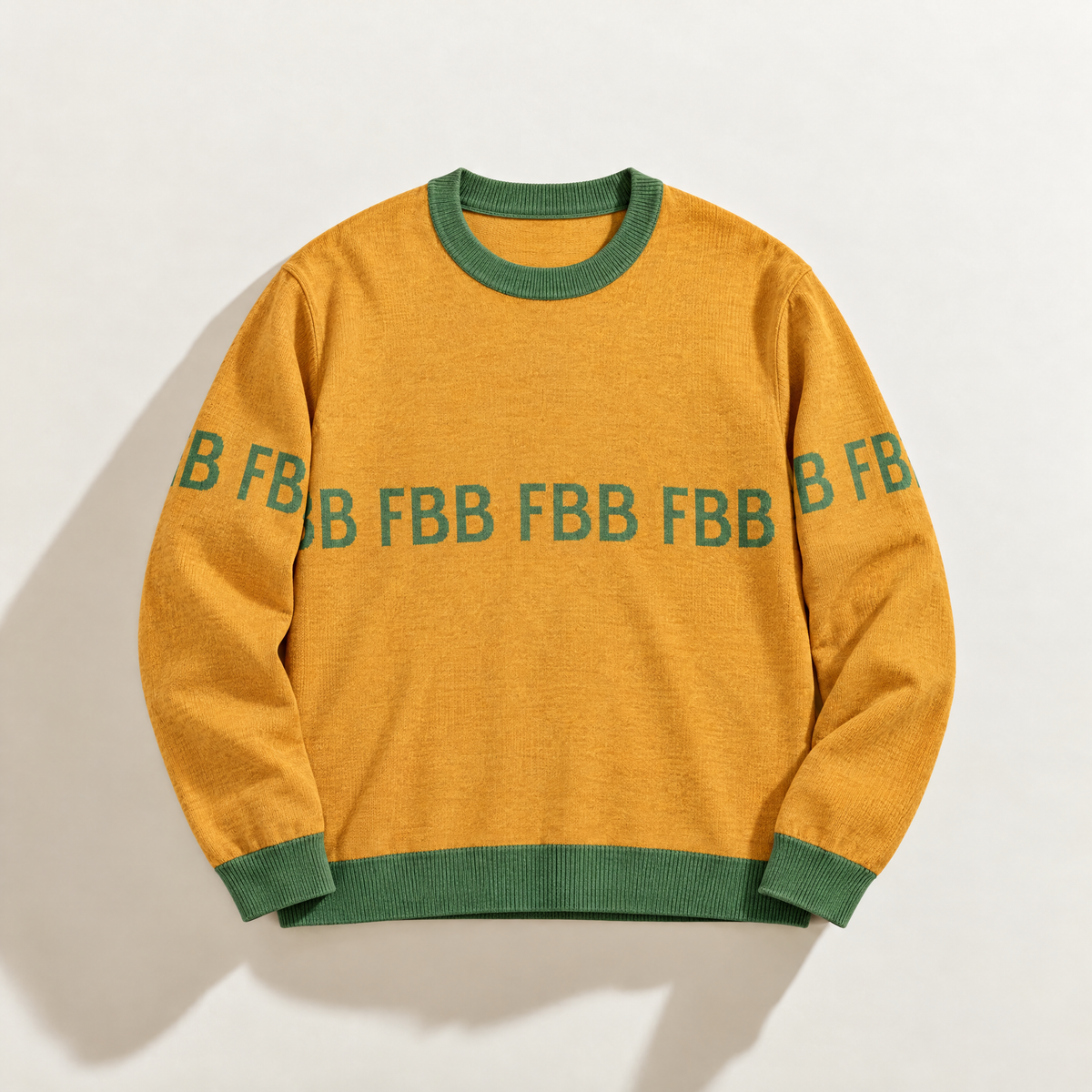 A mustard yellow crewneck sweater with green ribbed trim and green 'FBB' lettering across the chest and on both sleeves, laid flat against a light beige background.