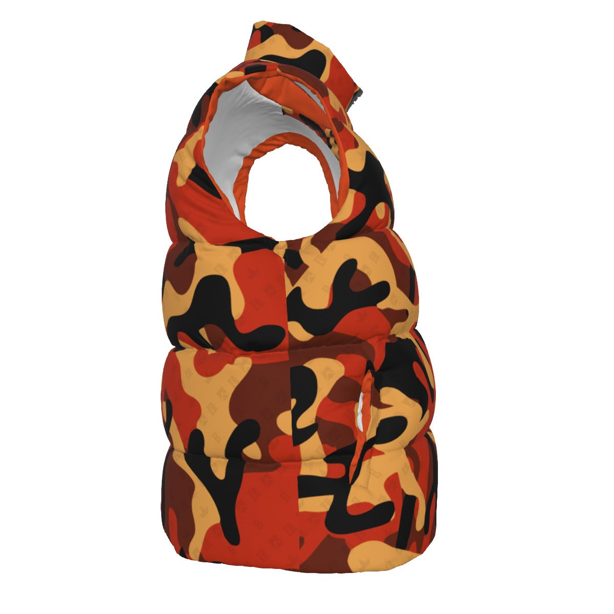 Side view of the FBB M3 Urban Camo puffer vest facing right, with orange, brown, black and beige camouflage.
