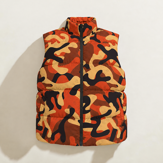 A sleeveless down puffer vest with a high collar and front zipper, featuring a camouflage pattern in orange, brown, black, and beige with the FBB Clothing Company motif Silhouette shown against a plain off-white background.