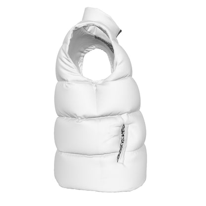 Side view of the White FBB Barrier puffer vest facing right, showing horizontal quilting and a pocket opening.