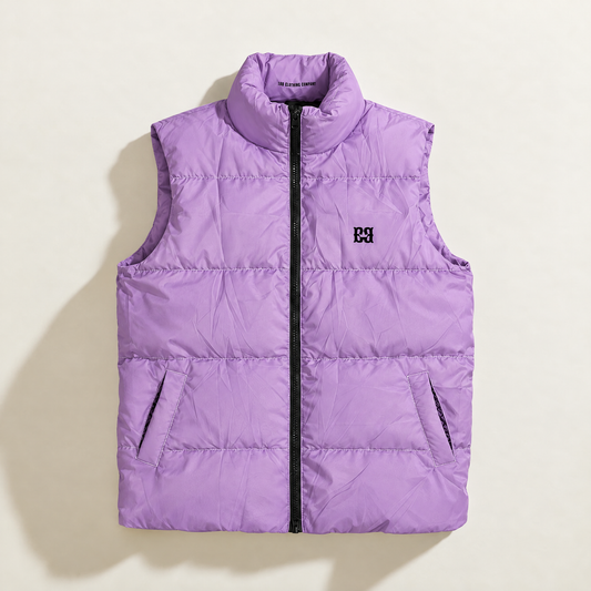 Front of the purple FBB Barrier puffer vest with a black zipper, high collar, side pockets and black FBB chest monogram.
