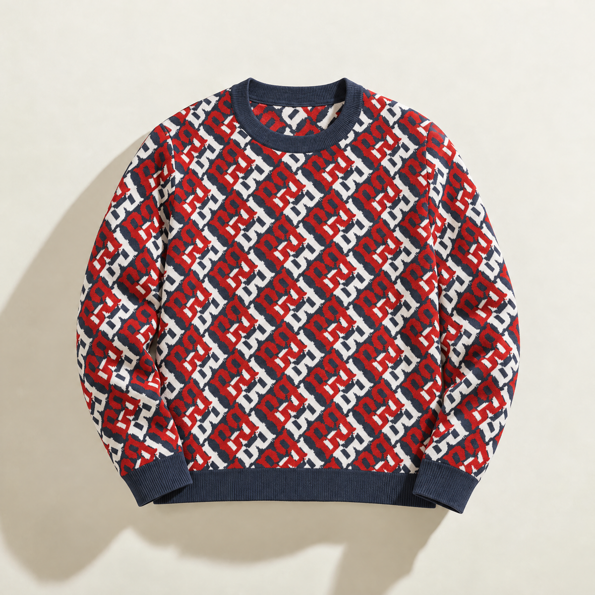 Front of FBB RWB Breaker knit sweater with a red, white and dark blue monogram pattern and dark blue ribbed trim.