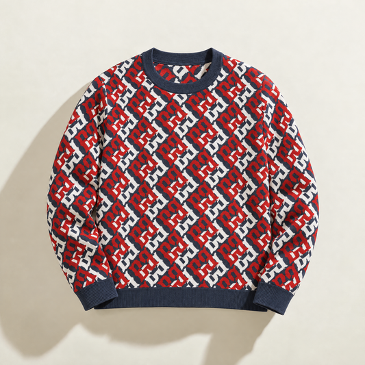 Front of FBB RWB Breaker knit sweater with a red, white and dark blue monogram pattern and dark blue ribbed trim.
