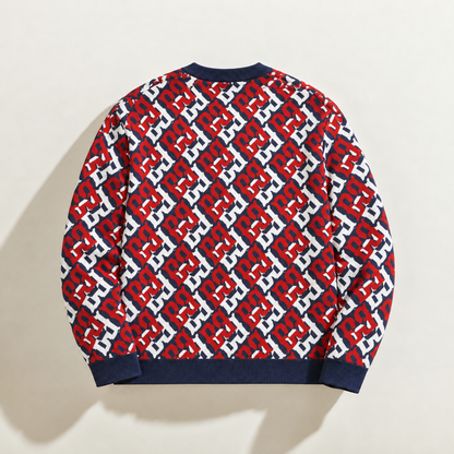 Back of FBB RWB Breaker knit sweater showing the repeating red, white and dark blue monogram pattern.

