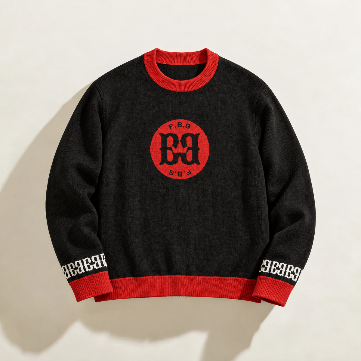 FBB RBW black knit sweater with red ribbed trim, a circular red chest logo and white sleeve motifs.