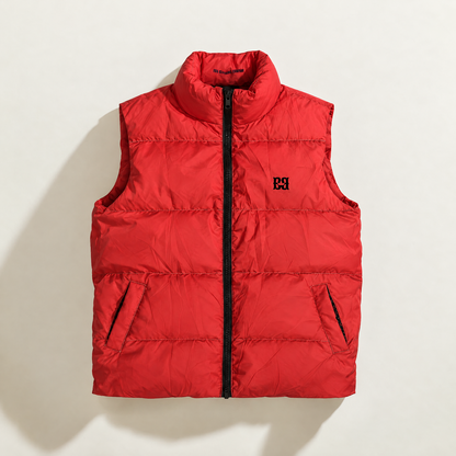 A red sleeveless down puffer vest with a high collar, black front zipper, and a black the FBB Clothing company logo on the left chest, displayed flat against a light beige background.