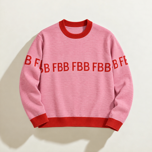 FBB Legacy Strawberry Hearts pink signature knit sweater, front view with red FBB lettering and ribbed trim.