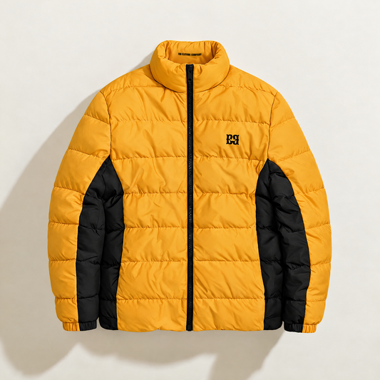 Front view of the timber FBB puffer jacket with black side panels, a black zipper and chest monogram.