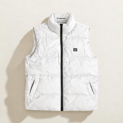 A white sleeveless down puffer vest with a high collar, black front zipper, and a black embroidered monogram logo on the left chest, displayed flat against a light beige background.