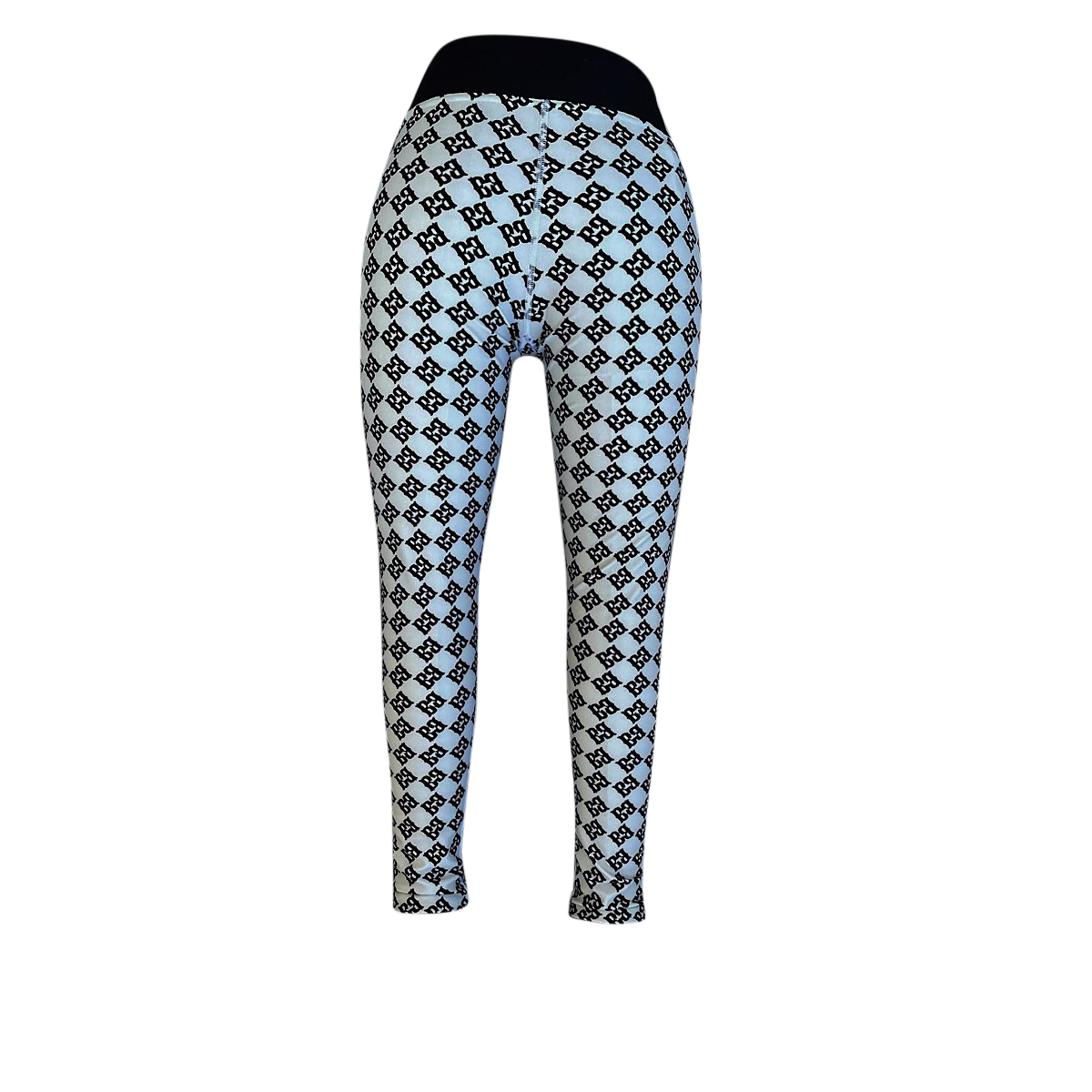 Leggings with a black and white geometric pattern on a white background