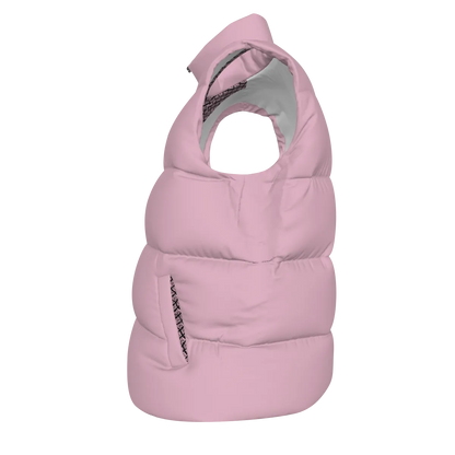 Side view of the Lavender Pink FBB Barrier puffer vest facing left, showing horizontal quilting and a pocket opening.