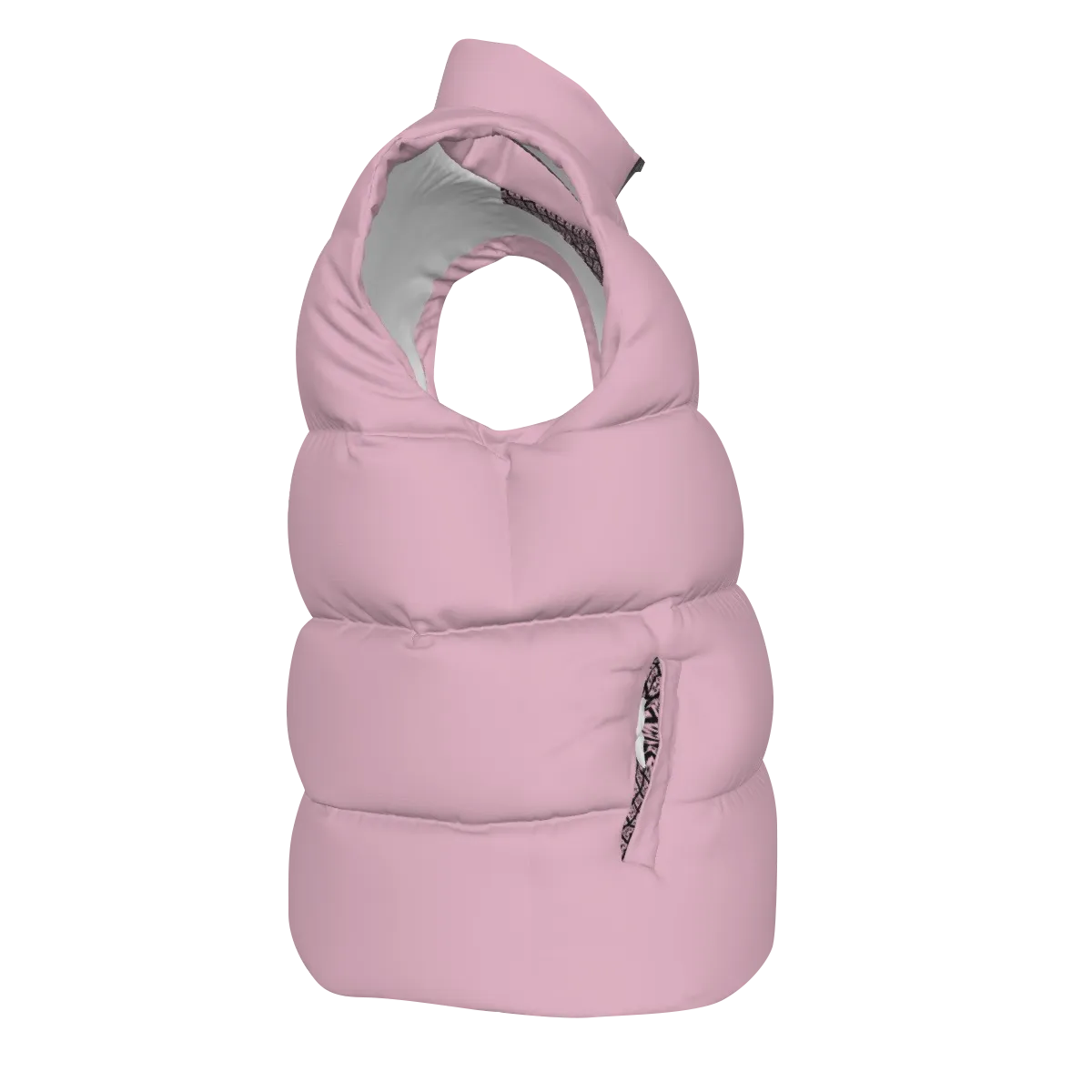 Side view of the Lavender Pink FBB Barrier puffer vest facing right, showing horizontal quilting and a pocket opening.