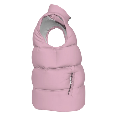 Side view of the Lavender Pink FBB Barrier puffer vest facing right, showing horizontal quilting and a pocket opening.