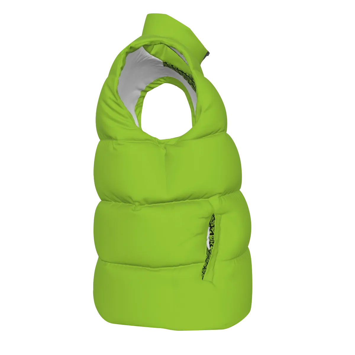 Side view of the lime green FBB Barrier puffer vest facing right, showing horizontal quilting and a pocket opening.
