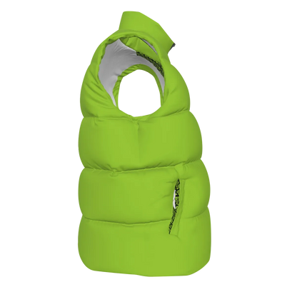 Side view of the lime green FBB Barrier puffer vest facing right, showing horizontal quilting and a pocket opening.
