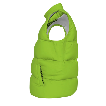 Side view of the lime green FBB Barrier puffer vest facing left, showing horizontal quilting and a pocket opening.
