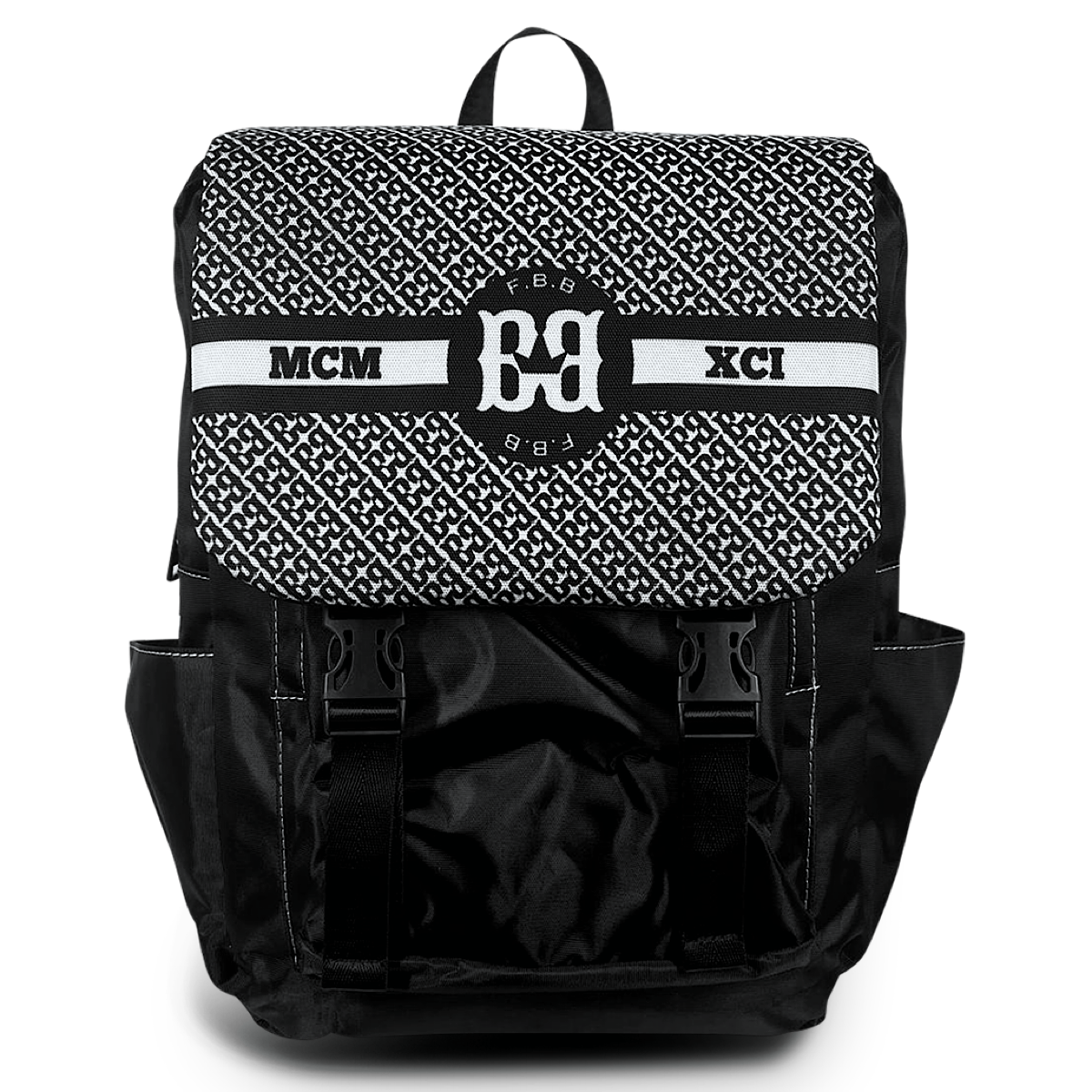 Black flap top backpack with white stitching and the 'MCMXCI' logo on the front pocket, featuring a geometric pattern.