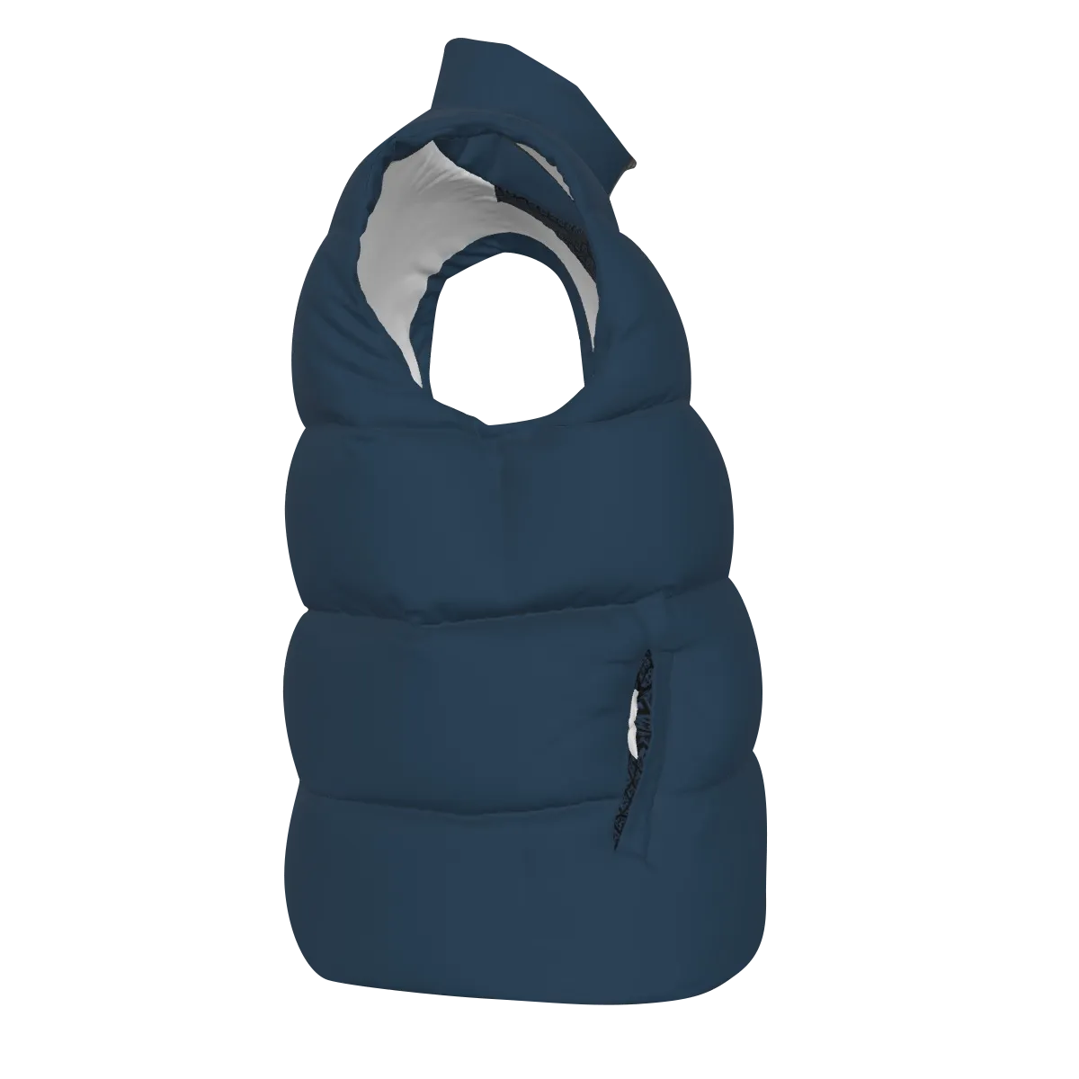 Side view of the navy FBB Barrier puffer vest facing right, showing horizontal quilting and a pocket opening.
