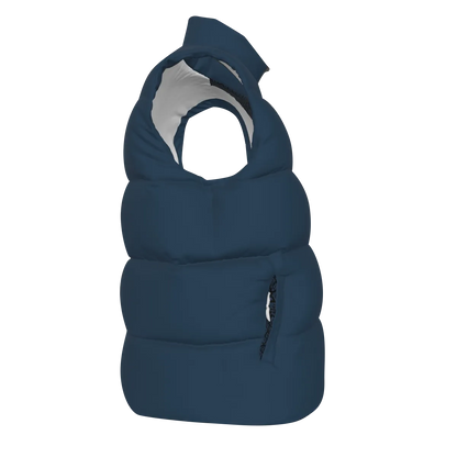 Side view of the navy FBB Barrier puffer vest facing right, showing horizontal quilting and a pocket opening.
