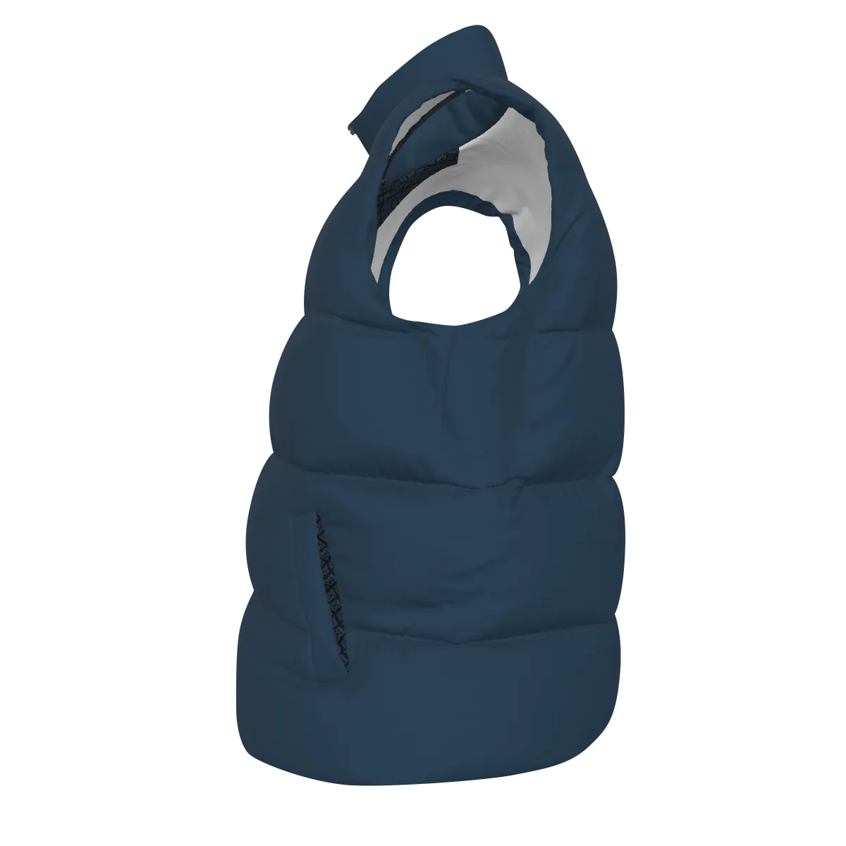 Side view of the navy FBB Barrier puffer vest facing left, showing horizontal quilting and a pocket opening.
