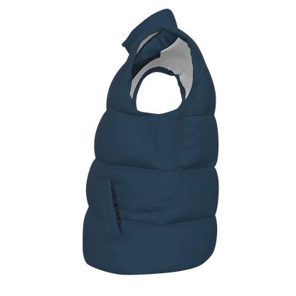 Side view of the navy FBB Barrier puffer vest facing left, showing horizontal quilting and a pocket opening.
