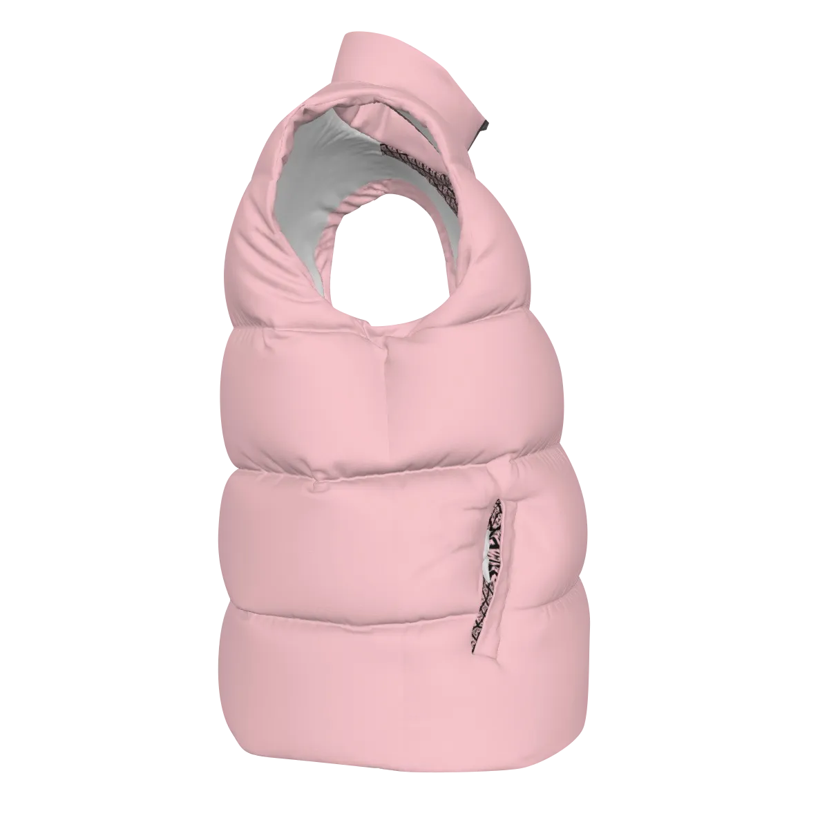 Side view of the Pink FBB Barrier puffer vest facing right, showing horizontal quilting and a pocket opening.