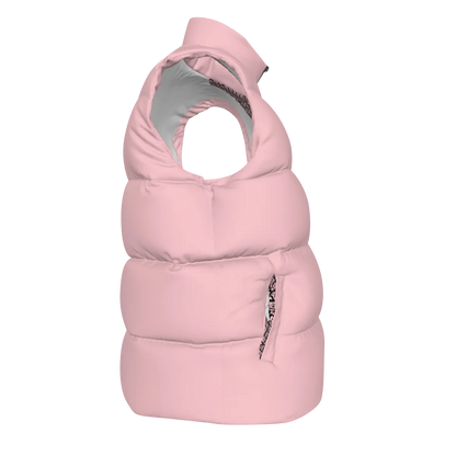 Side view of the Pink FBB Barrier puffer vest facing right, showing horizontal quilting and a pocket opening.