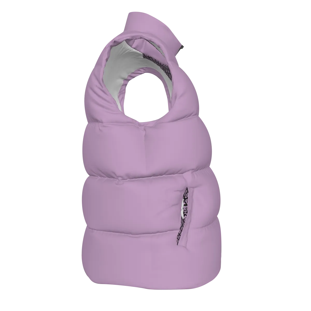 Side view of the Purple FBB Barrier puffer vest facing right, showing horizontal quilting and a pocket opening.