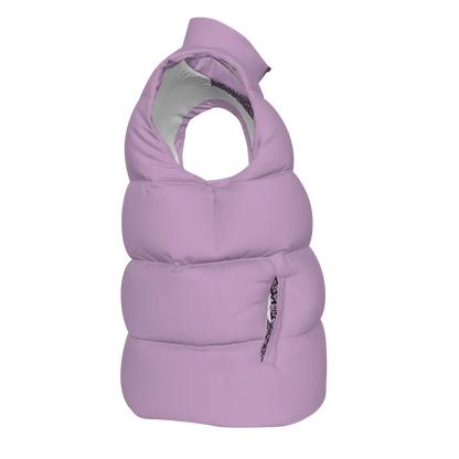 Side view of the Purple FBB Barrier puffer vest facing right, showing horizontal quilting and a pocket opening.
