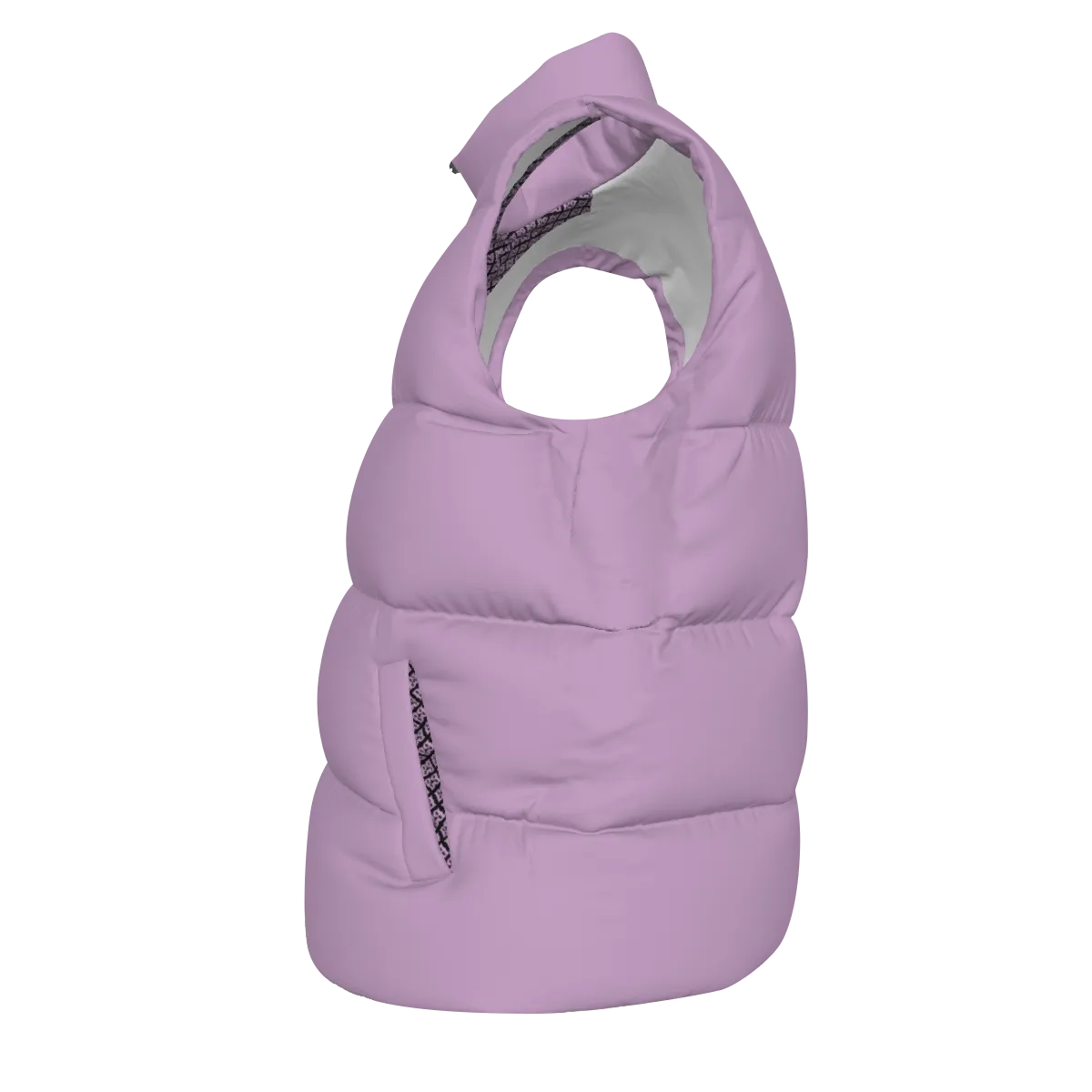 Side view of the Purple FBB Barrier puffer vest facing left, showing horizontal quilting and a pocket opening.
