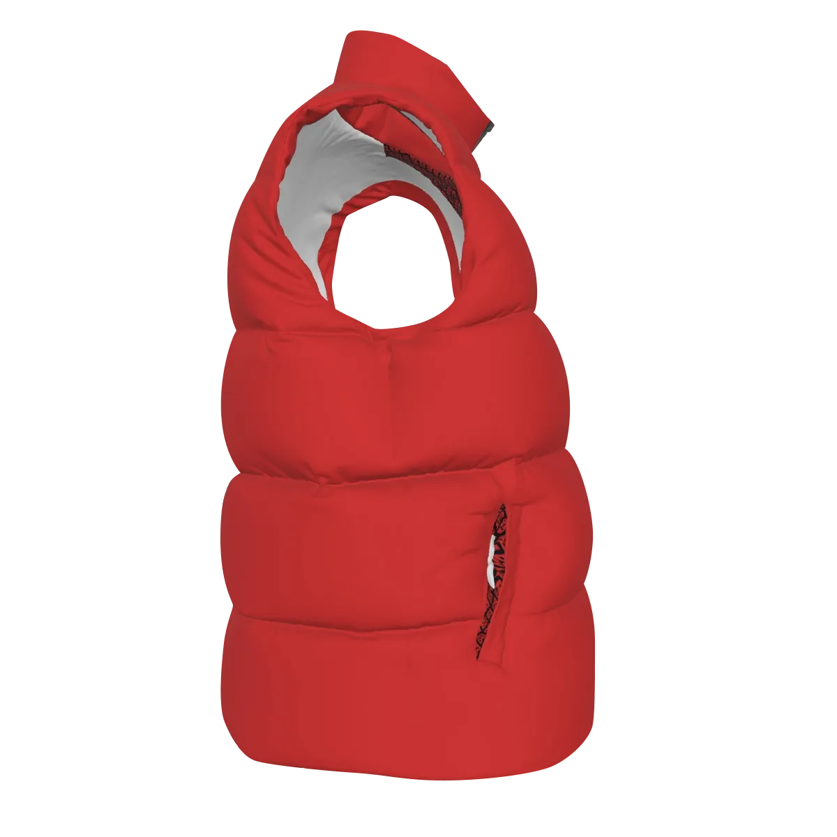 Side view of the Red FBB Barrier puffer vest facing right, showing horizontal quilting and a pocket opening.