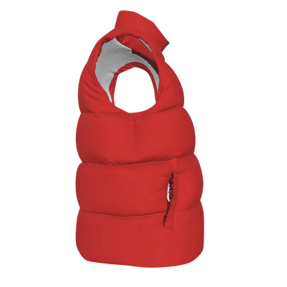 Side view of the Red FBB Barrier puffer vest facing right, showing horizontal quilting and a pocket opening.