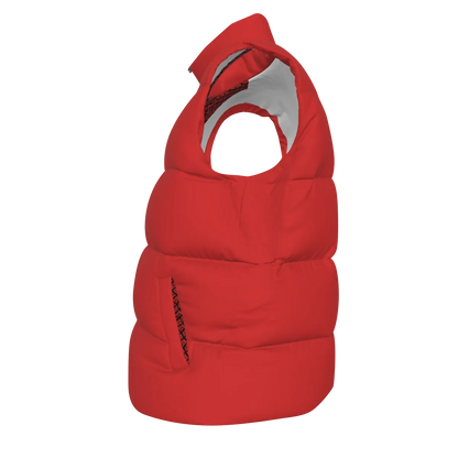 Side view of the Red FBB Barrier puffer vest facing left, showing horizontal quilting and a pocket opening.
