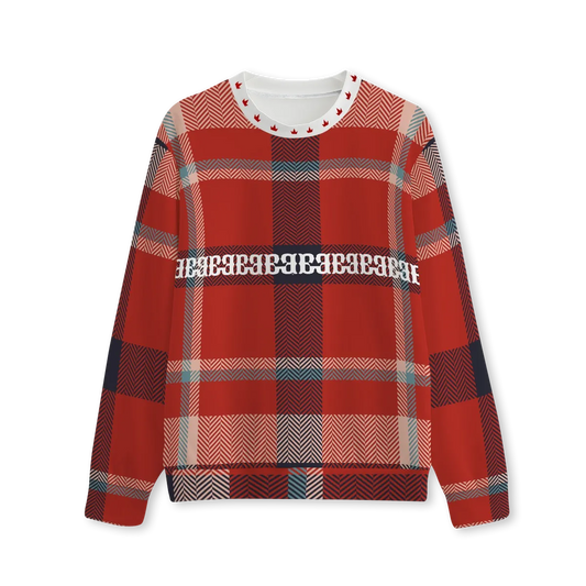Red plaid crewneck sweatshirt with FBB logos across the chest and collar. 