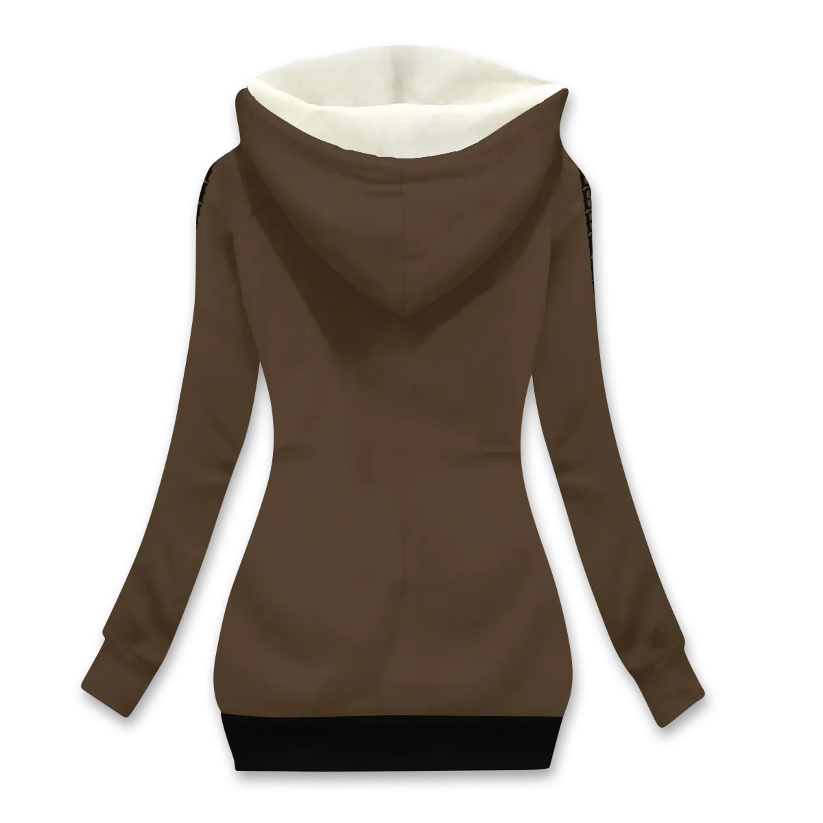 Women's long brown jacket with fleece lining and a fur hood.